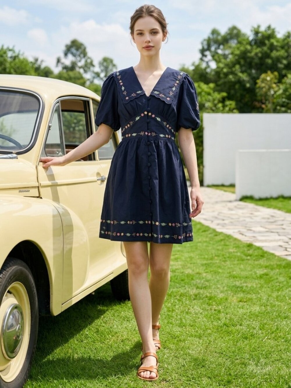 NWT Caroline Constas Navy Floral Embroidered Puff Sleeve Mini Dress Women Size 6